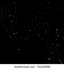 Stars, sequins, rings, sprocket, circle confetti. Scattered little silver, glitter gray elements. Random tinsel, falling on black background. New Year and Christmas background. Vector illustration.