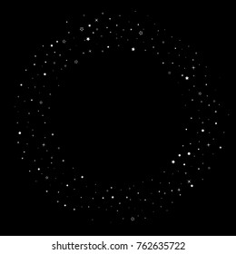 Stars, sequins, rings, sprocket, circle confetti. Scattered little silver, glitter gray elements. Random tinsel, falling on black background. New Year and Christmas background. Vector illustration.