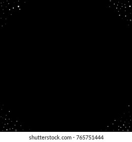 Stars, sequins, rings, sprocket, circle confetti. Scattered little silver, glitter gray elements. Random tinsel, falling on black background. New Year and Christmas background. Vector illustration.