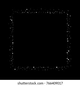 Stars, sequins, rings, sprocket, circle confetti. Scattered little silver, glitter gray elements. Random tinsel, falling on black background. New Year and Christmas background. Vector illustration.
