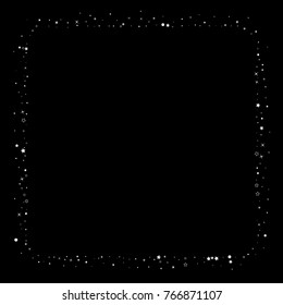 Stars, sequins, rings, sprocket, circle confetti. Scattered little silver, glitter gray elements. Random tinsel, falling on black background. New Year and Christmas background. Vector illustration.