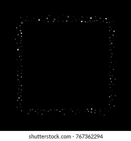 Stars, sequins, rings, sprocket, circle confetti. Scattered little silver, glitter gray elements. Random tinsel, falling on black background. New Year and Christmas background. Vector illustration.