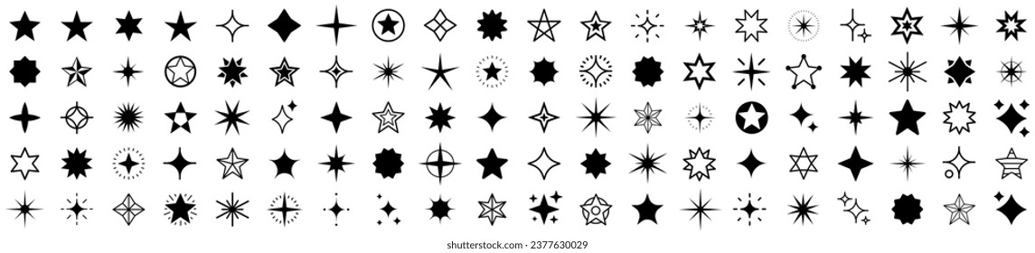 Stars set of 100 black icons. Black set of Stars. Glittering night sky stars set. Rating Star icon. Vector illustration.