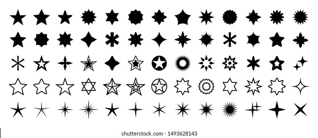 Conjunto de estrellas de 65 iconos negros. Icono de Estrella de clasificación. Colección vectorial de estrella. Modernas estrellas simples. Ilustración vectorial.