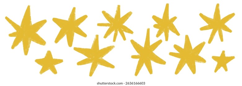 Stars set. Chalk texture kids freehand drawing shine twinkle. Crayon hand drawn brush stroke scribble spark. Pastel pencil childish school doodle collection. Sketch vector illustration isolated