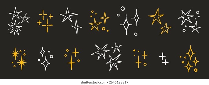 Estrelas definidas, mão de giz de cera desenhada. Magia ouro e branco piscar ícones, contorno. Brilhar, faísca ou luz, elementos de giz em fundo preto. Faíscas de esboço. Glitter rabisca faíscas. Ilustração vetorial