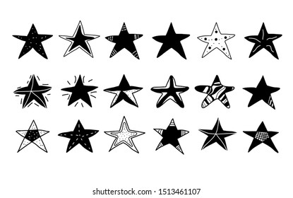 Stars set in doodle style. Collection of simle elements. Hand drawn symbols in various shapes designs isolated on white background. Vector illustartion.