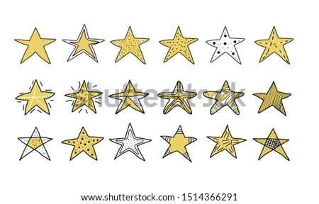 Stars set in doodle style. Collection of simle elements. Hand drawn symbols in various shapes designs isolated on white background. Vector illustartion.