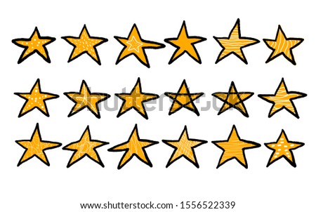 Stars set in doodle style. Collection of simle elements. Hand drawn symbols in various shapes designs isolated on white background. Vector illustartion.