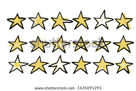 Stars set in doodle style. Collection of simle elements. Hand drawn symbols in various shapes designs isolated on white background. Vector illustartion.