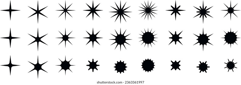 Sterne. Satz bearbeitbarer Symbole. Vektorsymbole mit prickeligen Sternen. Flaches Design. Eine Reihe verschiedener stinkender Sterne.