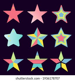 Stars. Set of geometric multicolored stars on a dark background. Vector, cartoon illustration. Vector.