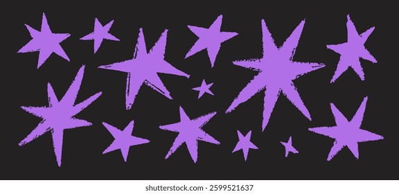 Stars set. Hand-drawn crayon-textured sparkles, rough irregular uneven starry drawings. Twinkles, sparks, decorative design elements in modern trendy doodle style. Isolated flat vector illustrations