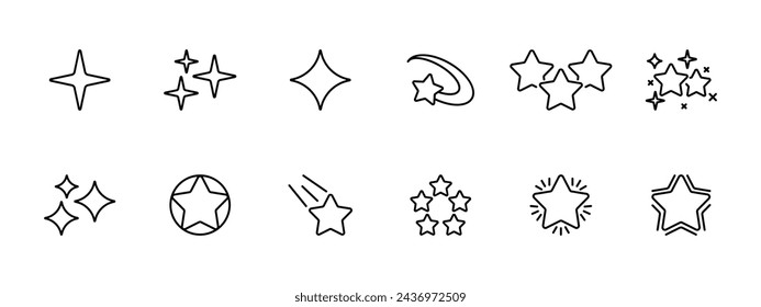 Stars set icon. Stars, clusters of stars, luminary, comet, system, shining star. Vector line icon on white background.