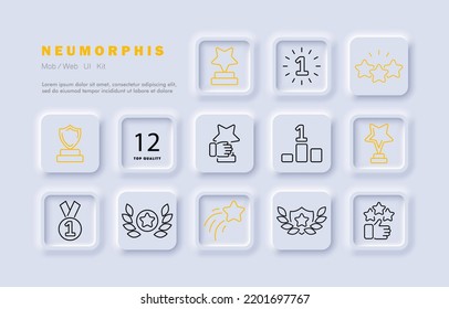 Icono de conjunto de estrellas. Reseña, retroalimentación, valoración, estrella parpadeante, shimmer, medalla, gong, brillo, recompensa, estrella fugaz, cola, primer lugar, peatón. Concepto de sueño. Estilo neomorfista. Icono de línea de vector para empresas