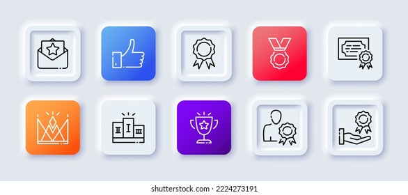 Stars set icon. Review, feedback, rating, flicker star, shimmer, shine, reward, shooting star with tail, first place, pedestal. Dream concept. Neomorphism style. Vector line icon for Business
