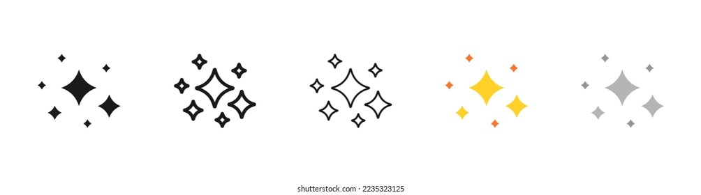 Stars set icon. Shining, achievement, top, award, rating, clean, lig ht, glow, shine, rays, rate, goal. Business concept. Vector five icon in different style on white background