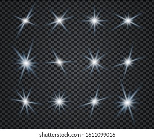 Estrellas puestas sobre fondo transparente. El polvo estrellado deslumbra. Colección de luces blancas brillantes. Vigas brillantes. Xmas resplandor y efectos de brillo y rayos.  
