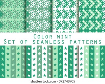 Stars. Set seamless patterns. Color mint. The pattern for wallpaper, bed linen, tiles, fabrics, backgrounds. Vector illustration.