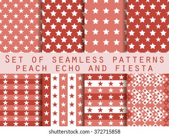 Stars. Set seamless patterns. Peach echo and fiesta color. Color trend in 2016. The pattern for wallpaper, bed linen, tiles, fabrics, backgrounds. Vector illustration.