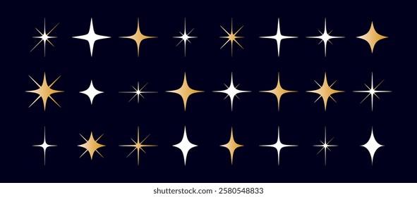 Stars set, sparkle icons collection. Set star abstract shapes. Template for design poster, card, banner. Vintage graphic set of star, light rays. Hand drawn design elements. Vector Illustration