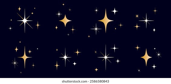 Stars set, sparkle icons collection. Set star abstract shapes. Template for design poster, card, banner. Vintage graphic set of star, light rays. Hand drawn design elements. Vector Illustration