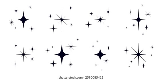 Stars set, sparkle icons collection. Set star abstract shapes. Template for design poster, card, banner. Vintage graphic set of star, light rays. Hand drawn design elements. Vector Illustration