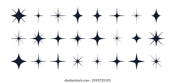 Stars set, sparkle icons collection. Set star abstract shapes. Template for design poster, card, banner. Vintage graphic set of star, light rays. Hand drawn design elements. Vector Illustration