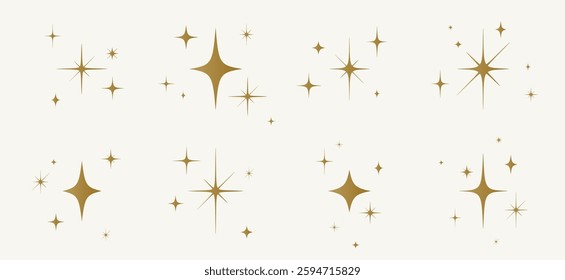 Stars set, sparkle icons collection. Set star abstract shapes. Template for design poster, card, banner. Vintage graphic set of star, light rays. Hand drawn design elements. Vector Illustration