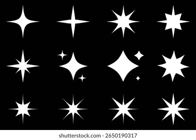 Stars set, sparkle icons collection. Set star abstract shapes. vector design for poster, card, banner. star sparkle icon. vector illustration on black background.