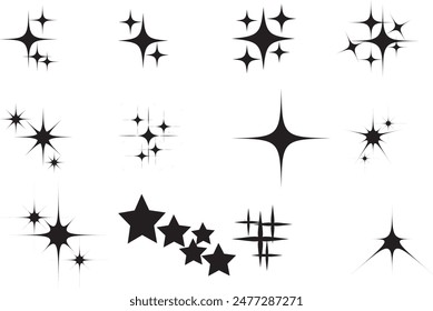  Conjunto de estrellas, Archivo de Vector de estrellas, Conjunto de siluetas negras de Vector, boceto dibujado a mano, Iconos vectoriales de chispa. Ilustración de símbolo de brillo. Ilustración vectorial. 