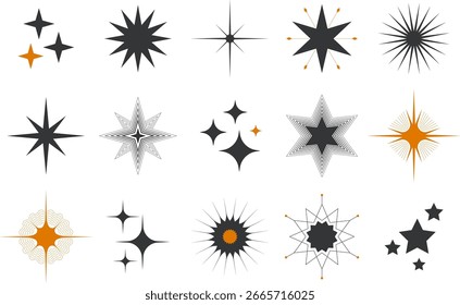 Sterne-Shape-Auflistung. Vektorgrafik verschiedener Formen von schwarzen und gelben funkelnden Lichtern einzeln auf transparentem Hintergrund.