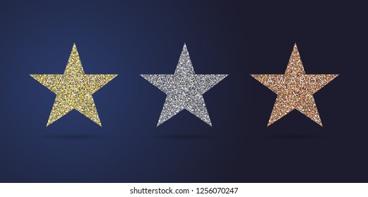 Stars shape logotype set. Isolated business abstract nominee emblem #1 #2 #3 place symbols. Golden dust congratulating graphic template Celebrating decorative ceremony greetings, metallic label design