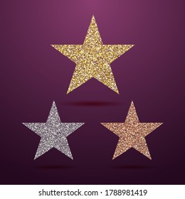 Juego de lotipo de forma de estrellas. Plantilla de diseño gráfico abstracto aislada. Primero, segundo, tercer lugar. Señales brillantes decorativas, colección de colores metálicos. Elementos de la copa. Creativo número 1, 2 y 3 símbolos.