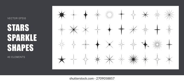 Conjunto de formas de estrellas. Iconos modernos de estrellas negras. Colección de destello, brillo o brillo. Ilustración vectorial retro.