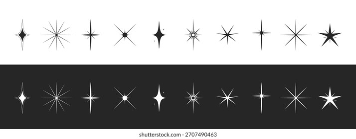 Conjunto de formas de estrellas. Iconos de estrellas modernas. Colección de destello, brillo o brillo. Ilustración vectorial retro aislada sobre fondos blancos y negros.