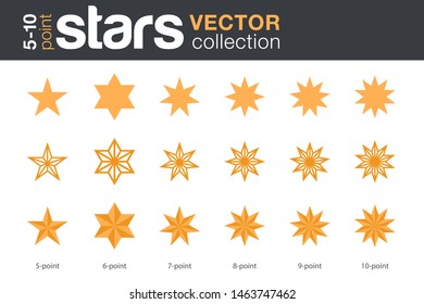Stars Shapes Silhouettes Vector collection. 5, 6, 7, 8, 9, 10-point stars in three styles.