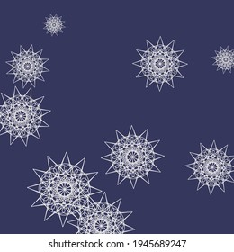 Stars Sharp Christmas Cold Metalic Pattern. Chaotic Violet Print Luxury Mandala Design Pic. New Year Grey Winter Purple Mystery Sky Wallpaper. Night Dark Silver Snowflakes White Composition.