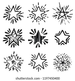 Stars shine set, hand drawn sketch, doodle vector illustration. Black symbols drawn by brush, pen, ink, Isolated on white background. Cool trendy handdrawn set for logo, textile print, fabric design