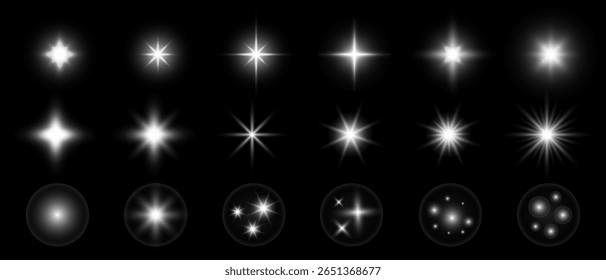 Estrelas brilham partículas cintilantes brilho e raios conjunto, raios brilhantes efeito faísca iluminada, ilustração Vetor.