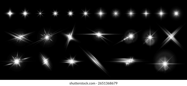 Estrelas brilham partículas cintilantes brilho e raios conjunto, raios brilhantes efeito faísca iluminada, ilustração Vetor.