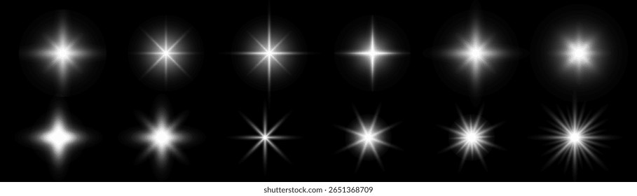 Estrelas brilham partículas cintilantes brilho e raios conjunto, raios brilhantes efeito faísca iluminada, ilustração Vetor.