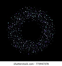 Stars shiny confetti. Scattered little, sparkling, flashing ultra violet, purple glitter elements. Random tiny stellar falling on black background. New Year, Christmas background. Vector illustration.