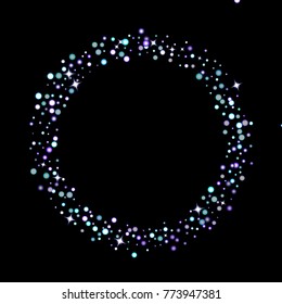 Stars shiny confetti. Scattered little, sparkling, flashing ultra violet, purple glitter elements. Random tiny stellar falling on black background. New Year, Christmas background. Vector illustration.