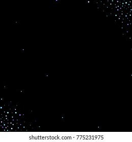 Stars shiny confetti. Scattered little, sparkling, flashing ultra violet, purple glitter elements. Random tiny stellar falling on black background. New Year, Christmas background. Vector illustration.