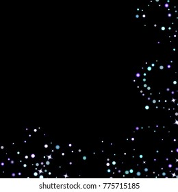 Stars shiny confetti. Scattered little, sparkling, flashing ultra violet, purple glitter elements. Random tiny stellar falling on black background. New Year, Christmas background. Vector illustration.