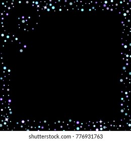 Stars shiny confetti. Scattered little, sparkling, flashing ultra violet, purple glitter elements. Random tiny stellar falling on black background. New Year, Christmas background. Vector illustration.