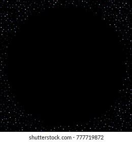Stars shiny confetti. Scattered little, sparkling, flashing ultra violet, purple glitter elements. Random tiny stellar falling on black background. New Year, Christmas background. Vector illustration.