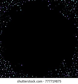 Stars shiny confetti. Scattered little, sparkling, flashing ultra violet, purple glitter elements. Random tiny stellar falling on black background. New Year, Christmas background. Vector illustration.