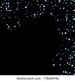 Stars shiny confetti. Scattered little, sparkling, flashing ultra violet, purple glitter elements. Random tiny stellar falling on black background. New Year, Christmas background. Vector illustration.
